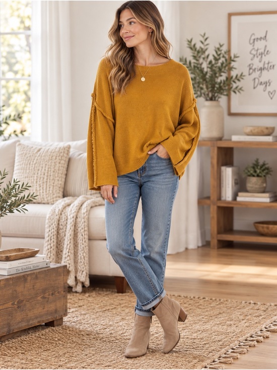 Zenana Sweaters - Zenana XL Mustard Yellow Oversized Exposed Seam Sweater Boho Slouchy Knit